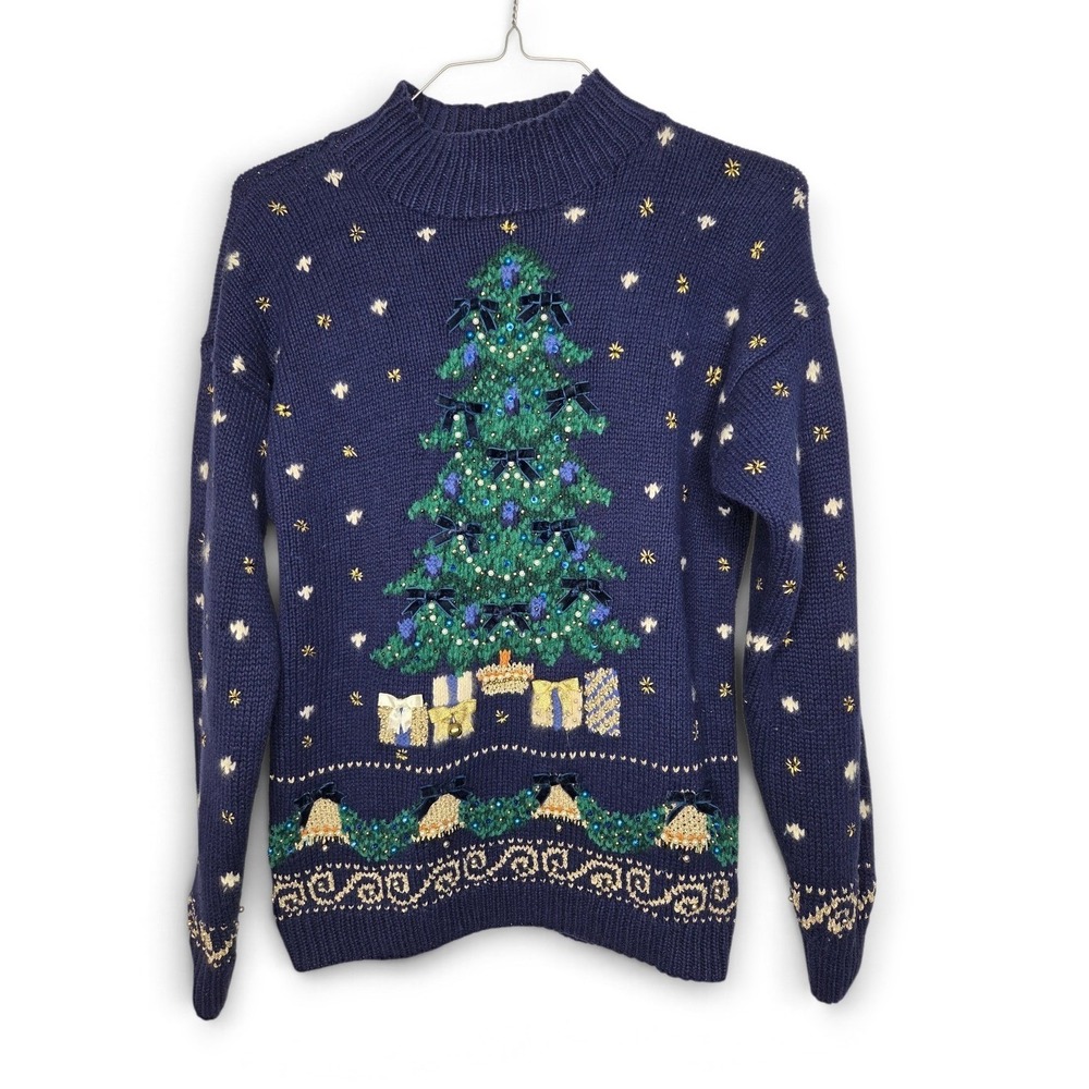Vintage Marisa Christina 1994 Christmas Tree Embellished Sweater Navy Blue Med